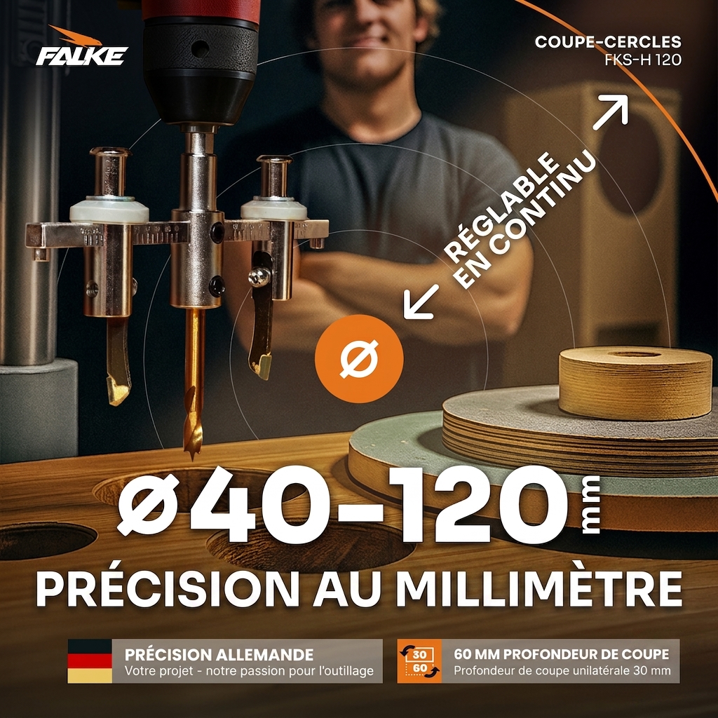 Falke découpeurs circulaires FKS-H 120 - universel pour bois, plastique, placoplâtre | diamètre stufenlos einstellbar (40-120 mm) - Verstellbare scie cloche