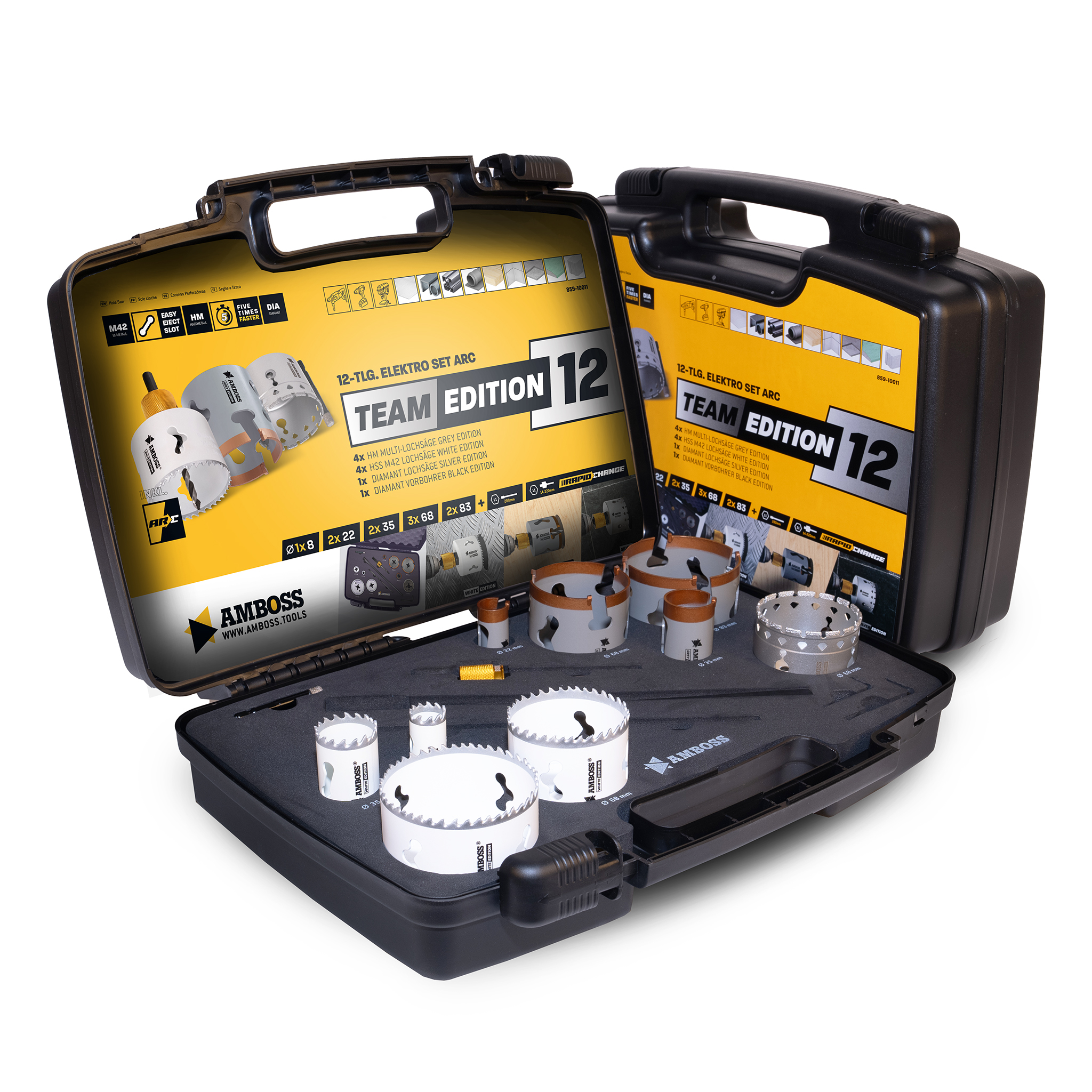 AMBOSS Team Edition Rapid Change Scies cloches Jeu carbure&M42 22-83mm + Porte-outil à changement rapide + Rallonge