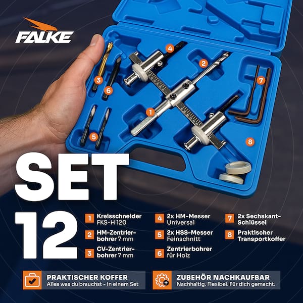 Falke découpeurs circulaires FKS-H 120 - universel pour bois, plastique, placoplâtre | diamètre stufenlos einstellbar (40-120 mm) - Verstellbare scie cloche
